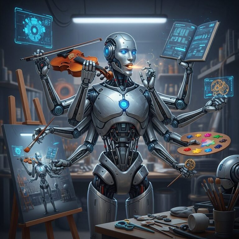 Ein KI generiertes Bild von einem multitasking Roboter